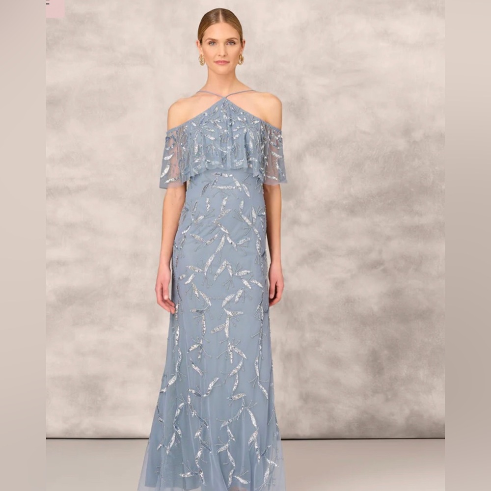 HAND BEADED COLD SHOULDER POPOVER LONG A-LINE GOWN IN VINTAGE BLUE